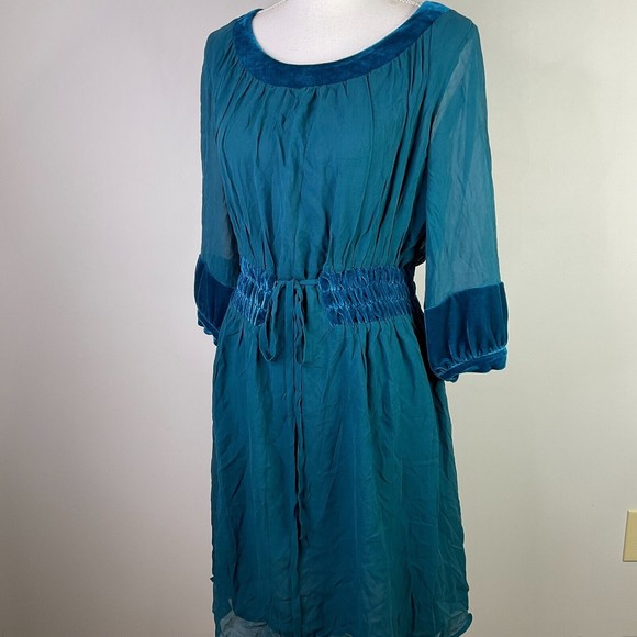 Eley Kishimoto Dress Women Size 4 Teal Blue Silk Sheer Lined Elastic Waist - Picture 6 of 14